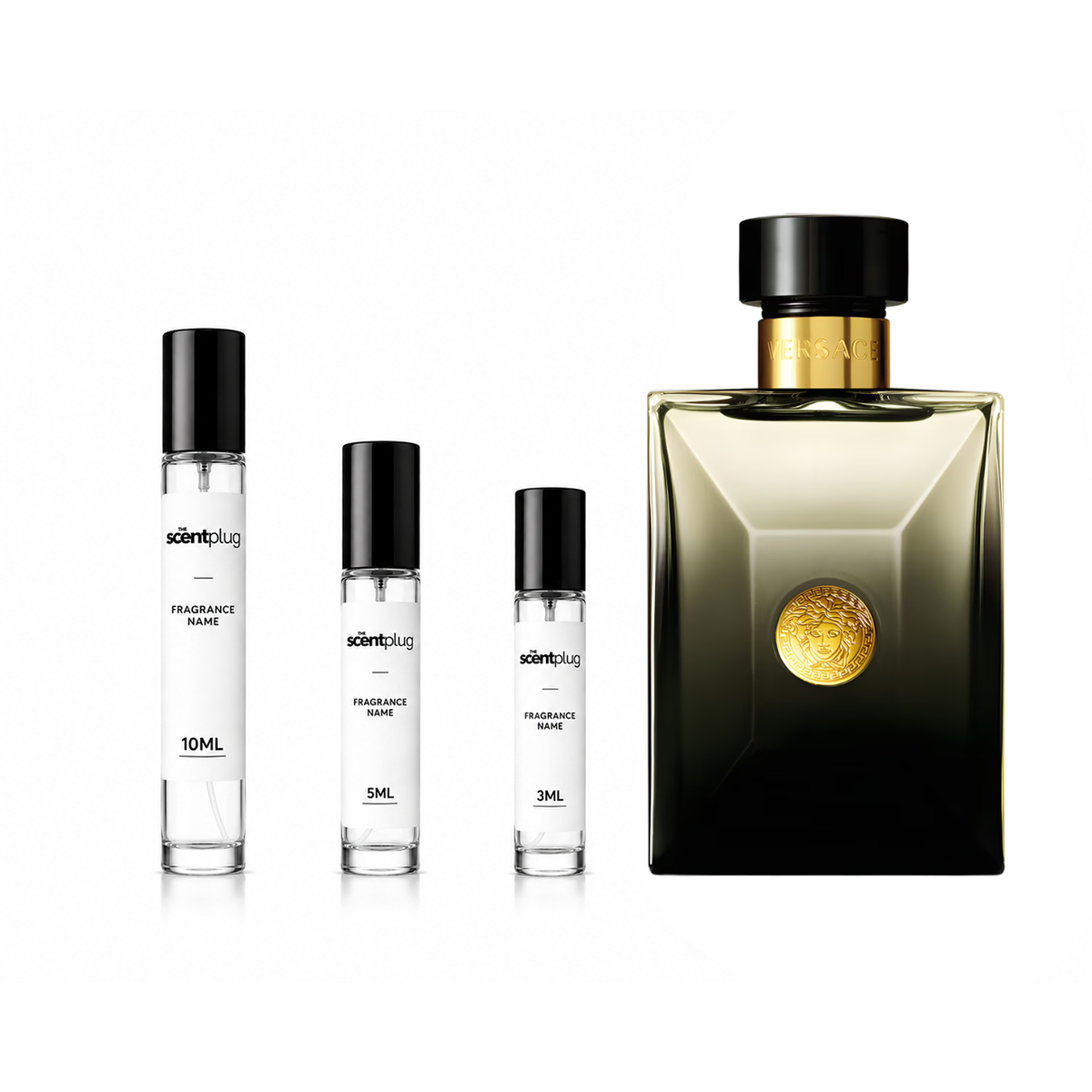 Sample of Versace Pour Homme Oud Noir by Versace, showcasing the perfume bottle with elegant black and gold design.