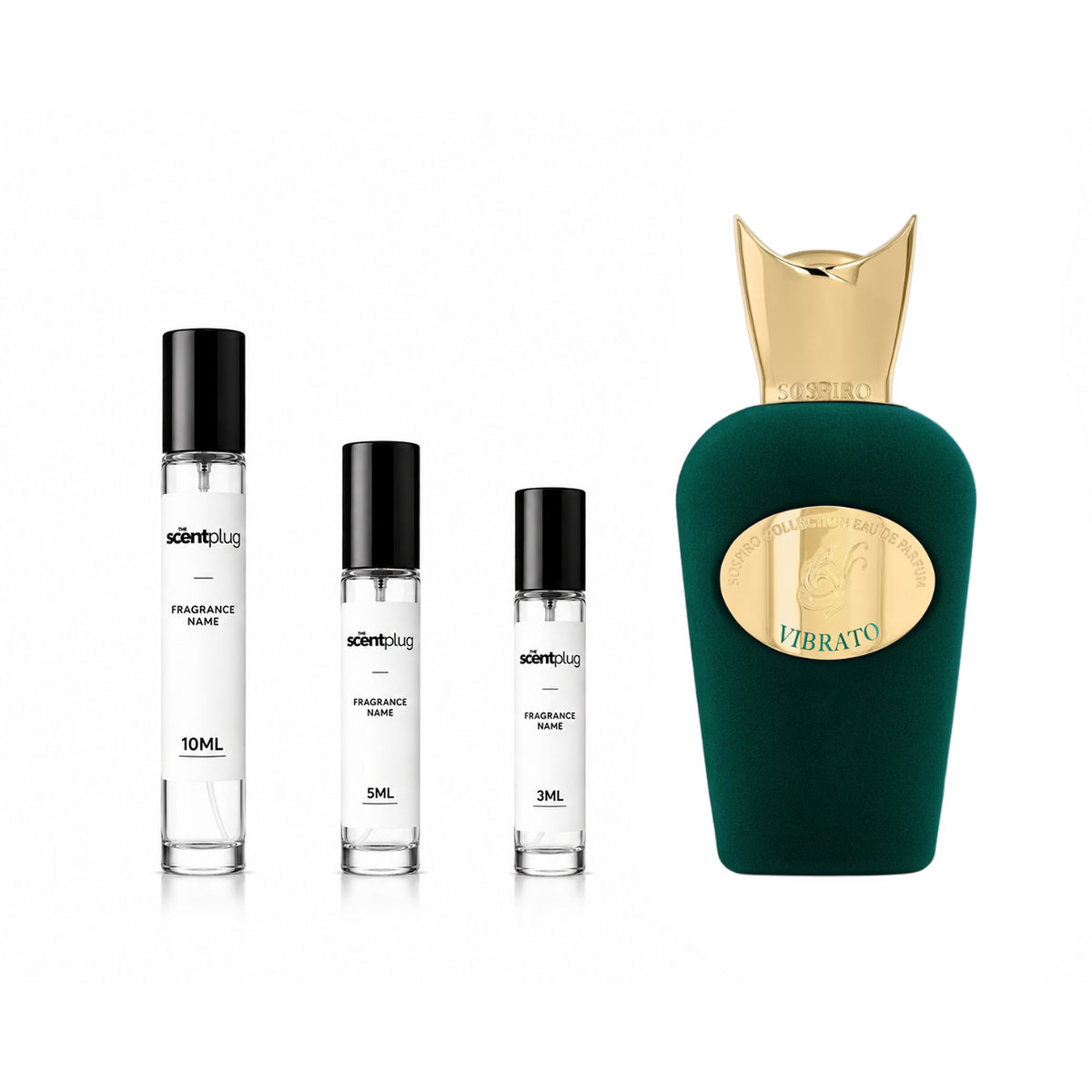 Vibrato Sospiro perfumes decant sample from The Scent Plug, showcasing the fragrance bottle and branding details.