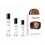 Vintage radio-shaped decant of Lattafa perfumes by The Scent Plug, showcasing a retro-style perfume sample in a decorative container.