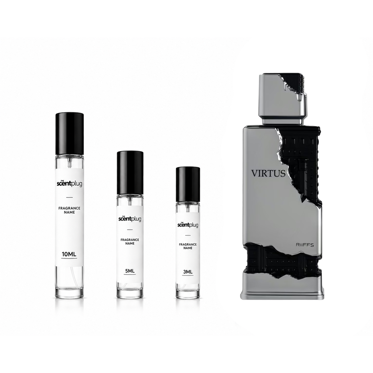 Virtus Riiffs Perfumes decant sample by The Scent Plug, showcasing a clear glass bottle with a black cap and label.