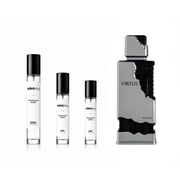 Virtus Riiffs Perfumes decant sample by The Scent Plug, showcasing a clear glass bottle with a black cap and label.