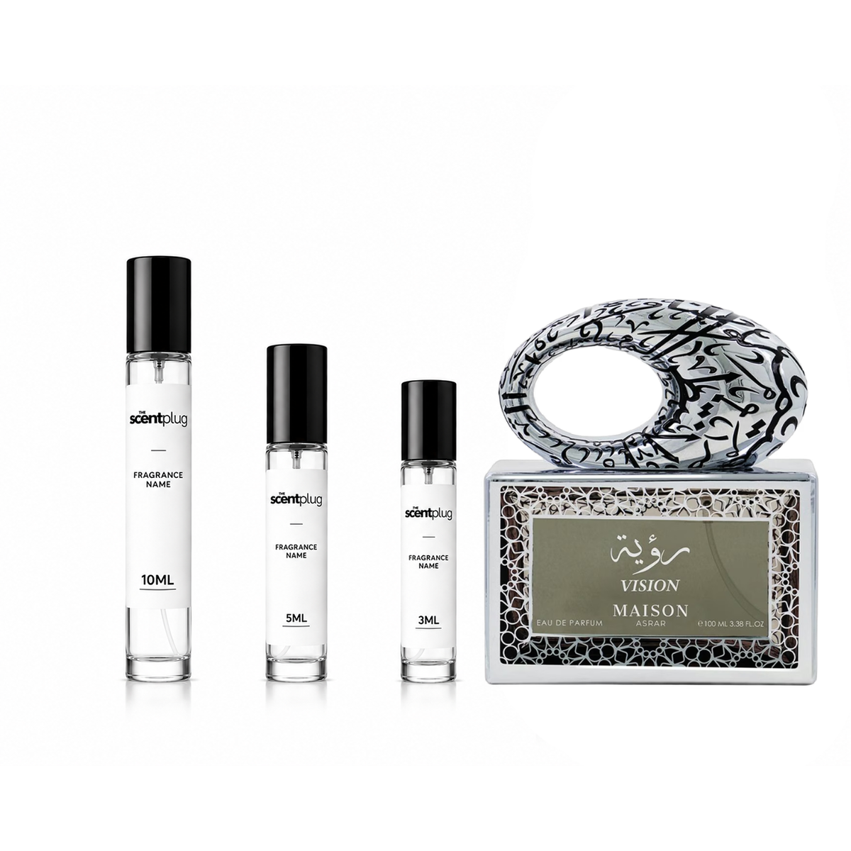 Vision MAISON ASRAR decant sample by The Scent Plug, showcasing a sleek glass bottle with a modern label design.
