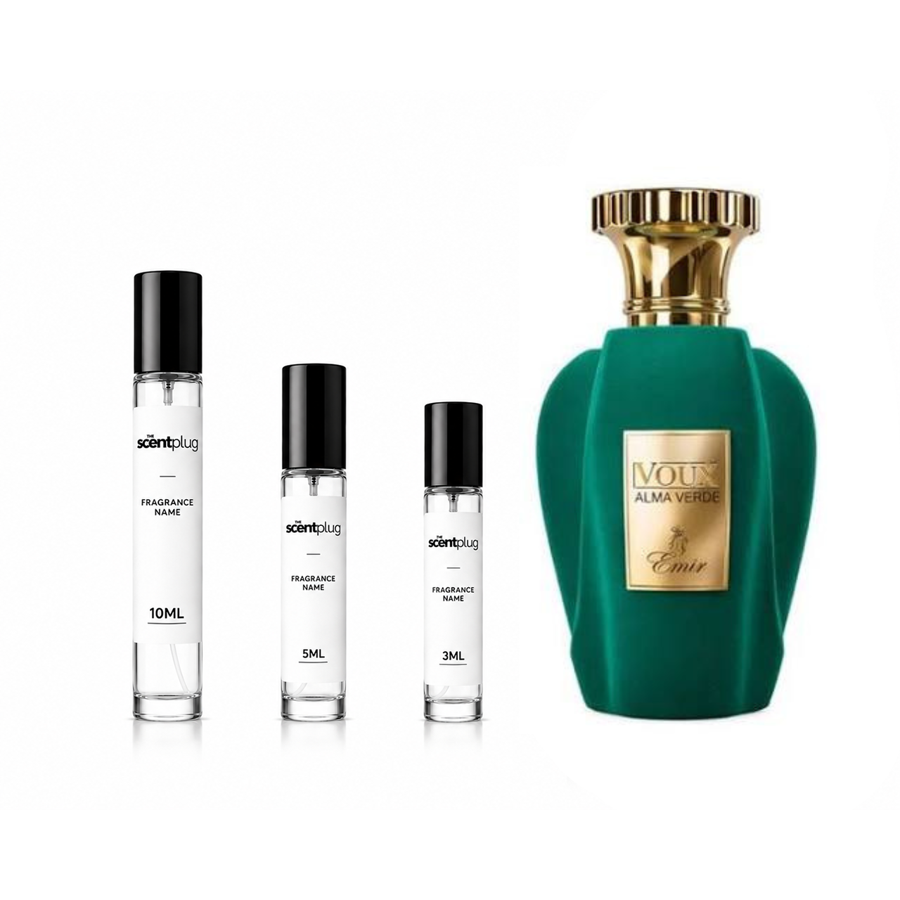 Voux Alma Verde Paris Corner decant bottle from The Scent Plug, showcasing the elegant glass container with green liquid.