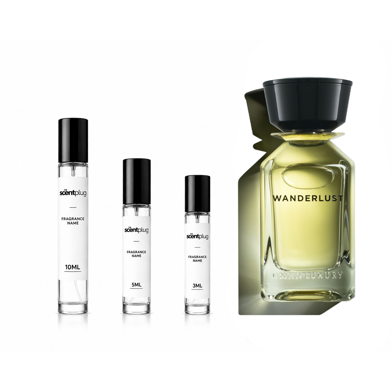 Wanderlust Omanluxury decant sample from The Scent Plug showing a small perfume vial on a neutral background.