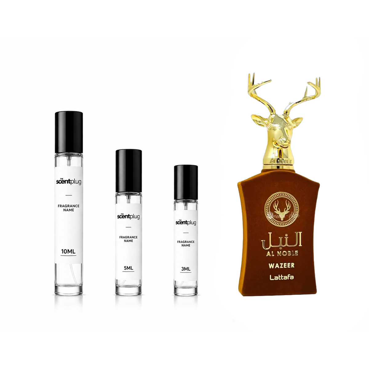 Wazeer Lattafa Perfumes decant sample by The Scent Plug, small glass bottle with fragrance label, ideal for testing or travel.