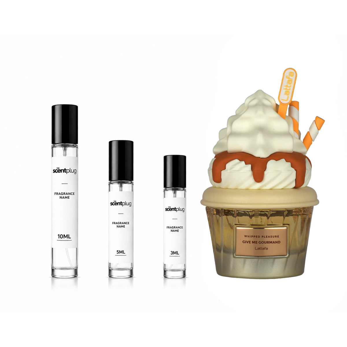 Sample of Whipped Pleasure Lattafa Perfumes decant by The Scent Plug, showing the small perfume vial with branding.