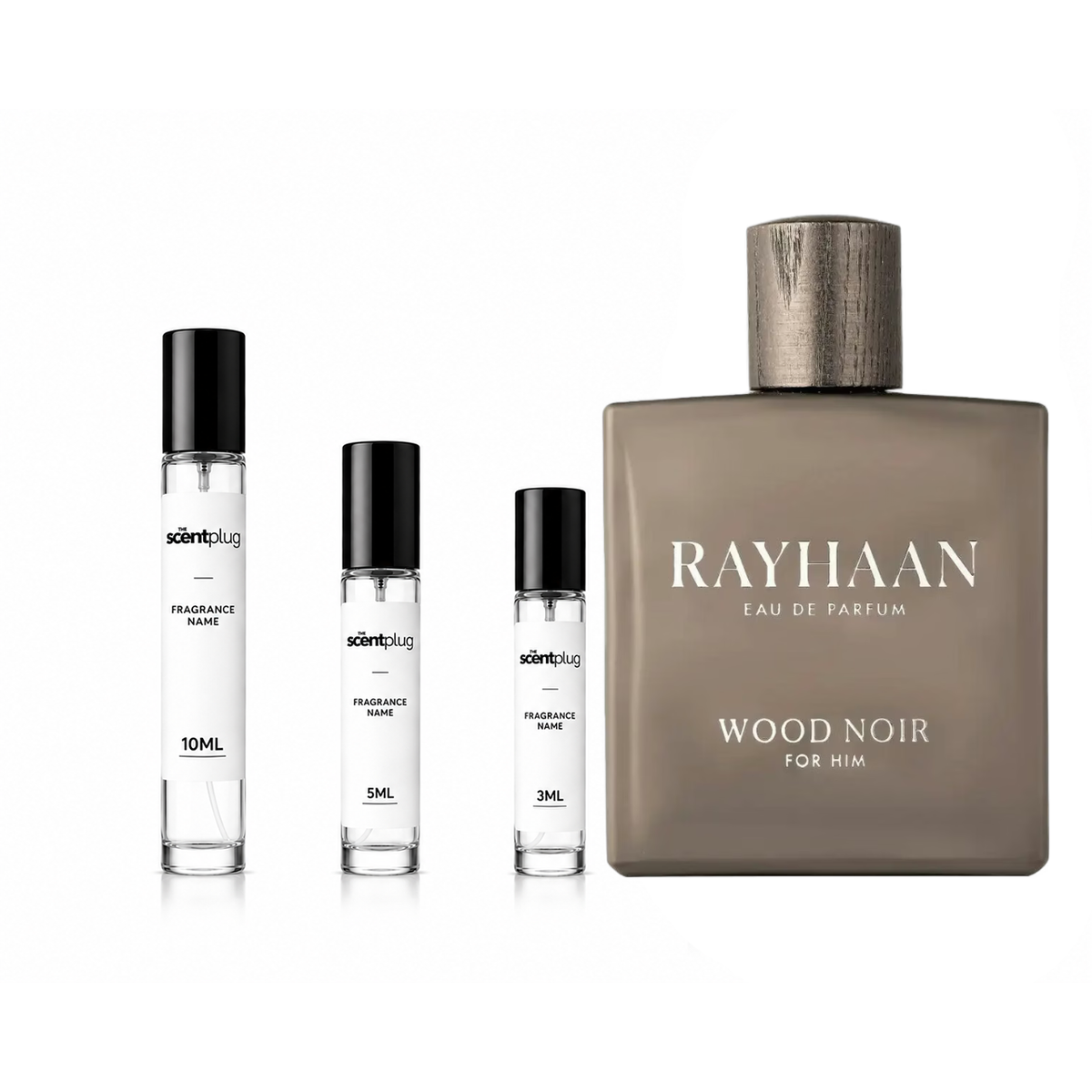 Sample of Wood Noir Rayhaan decant by The Scent Plug, showcasing a sleek glass container with the fragrance label.