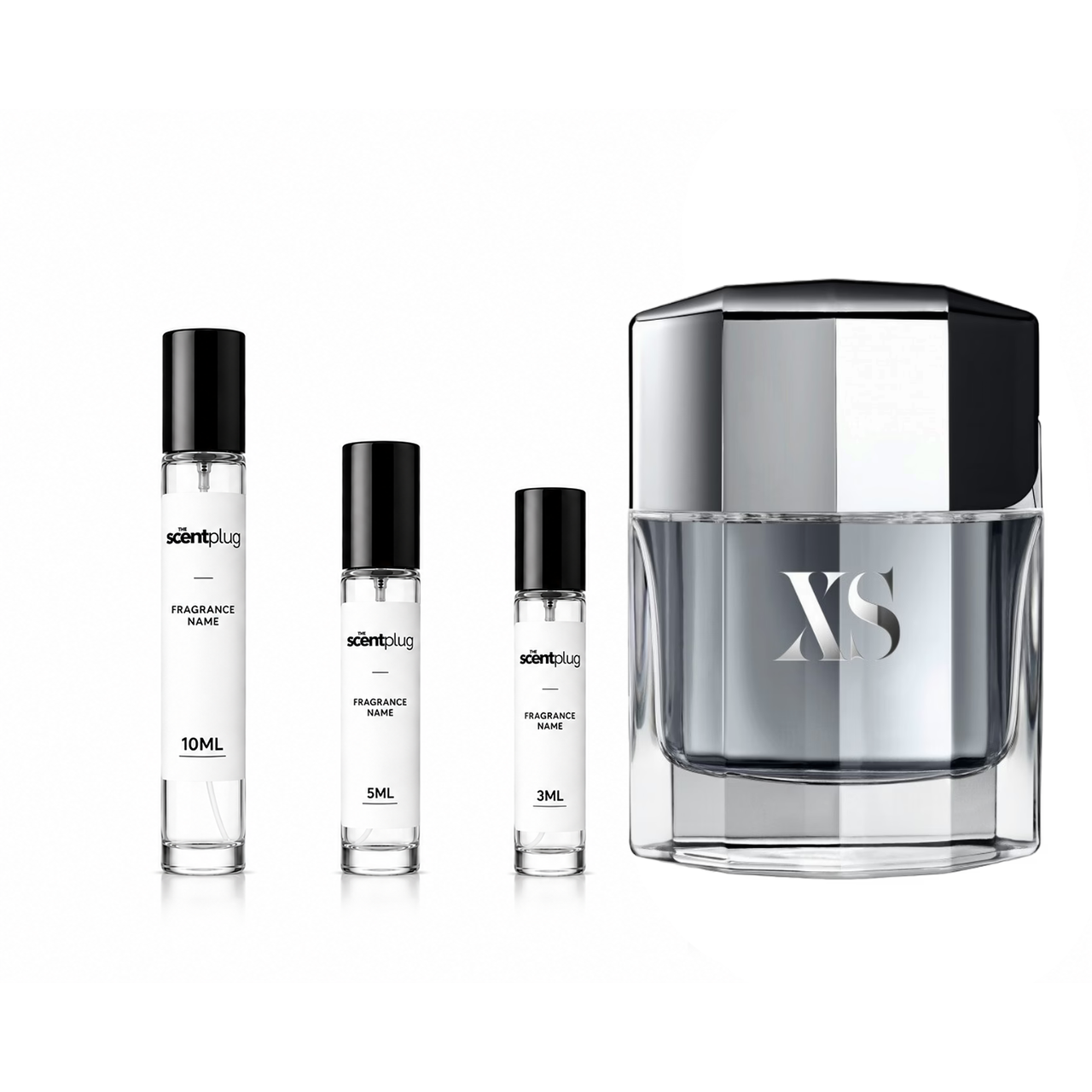 XS 2018 Rabanne decant sample by The Scent Plug, showcasing a small bottle of the designer fragrance with a sleek design.