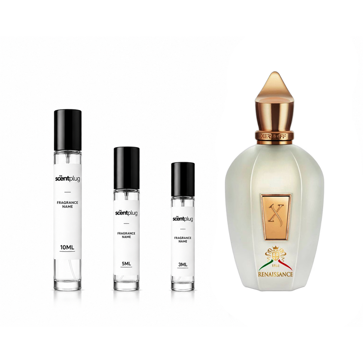 Renaissance Xerjoff decant sample bottle with elegant label, showcasing luxury fragrance from The Scent Plug.