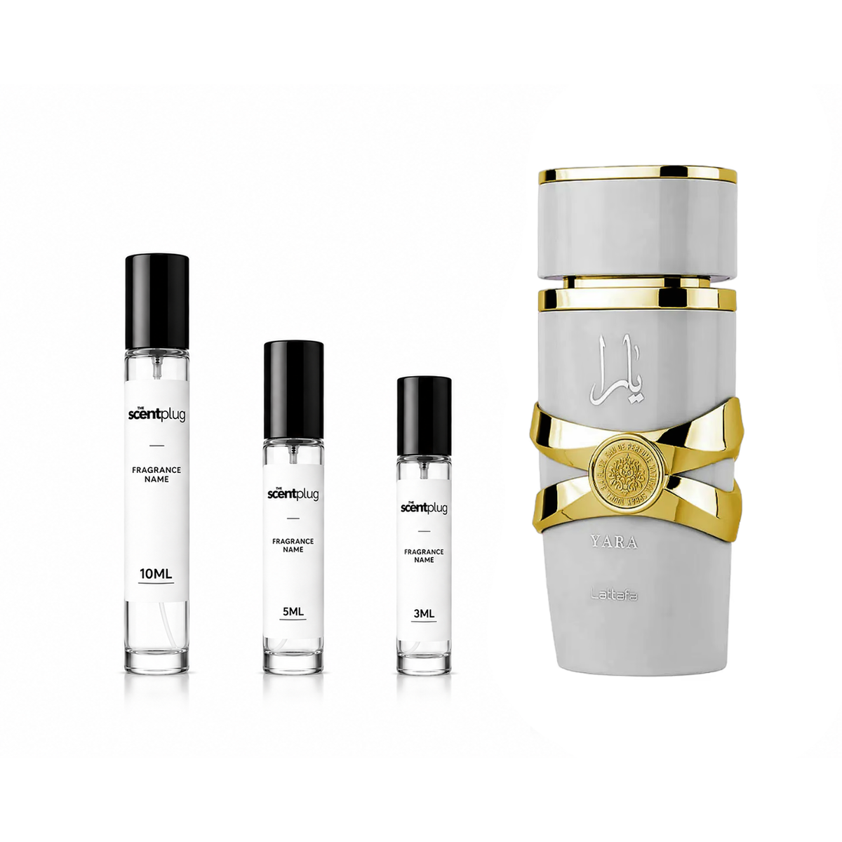 Yara Moi Lattafa perfume decant sample in clear bottle with white cap, showcasing the elegant fragrance presentation.