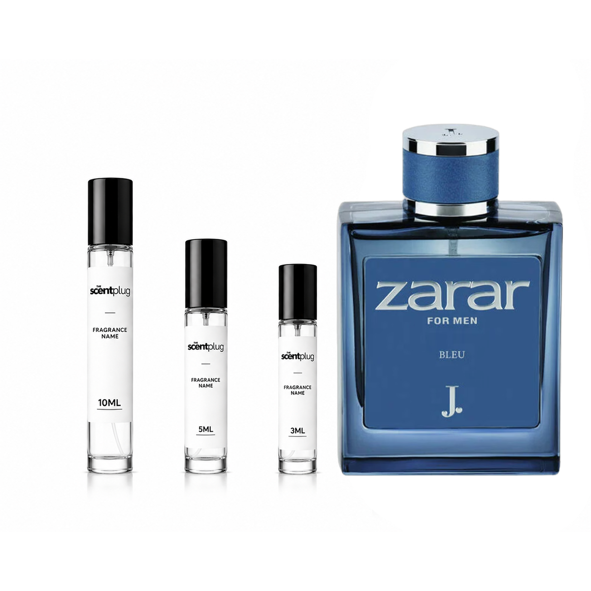 Zarar Bleu Junaid Jamshed decant sample bottle from The Scent Plug, featuring a sleek design and blue accents.