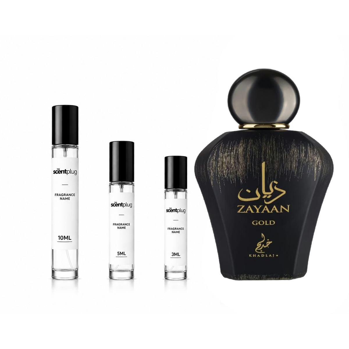 Zayaan Gold Khadlaj perfume decant sample by The Scent Plug, featuring a small vial with golden accents and elegant packaging.