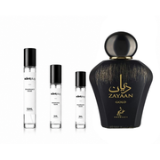 Zayaan Gold Khadlaj perfume decant sample by The Scent Plug, featuring a small vial with golden accents and elegant packaging.