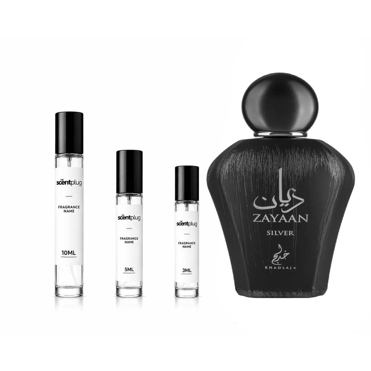 Zayaan Silver Khadlaj perfume decant sample by The Scent Plug, showcasing a sleek silver bottle with elegant branding.