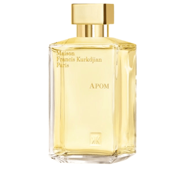 Maison Francis Kurkdjian APOM Eau de Parfum bottle with elegant glass design and minimalist label on a white background.