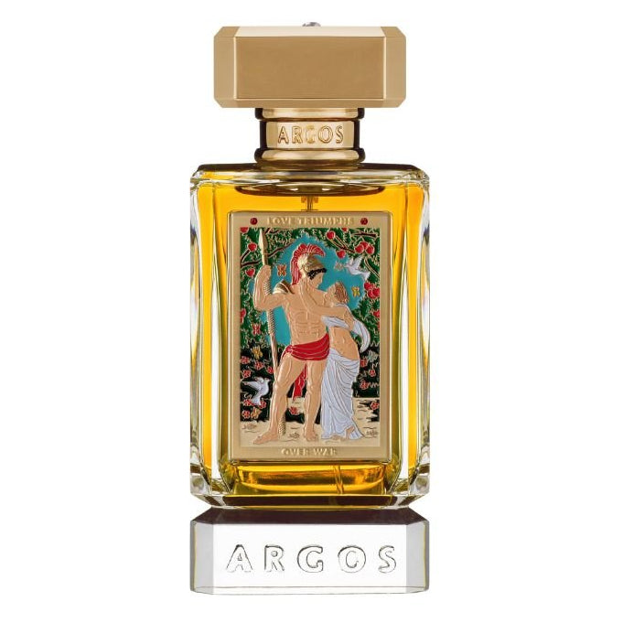 Argos Love Triumphs Over War Eau de Parfum spray bottle, 3.4 oz (100ml), featuring elegant packaging and branding.