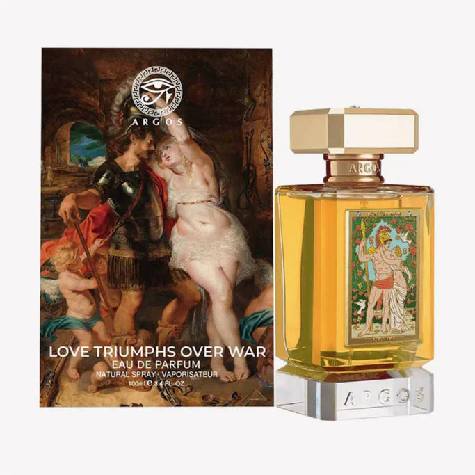 Argos Love Triumphs Over War Eau de Parfum spray in 3.4 oz (100ml) bottle, elegant design showcasing the fragrance.