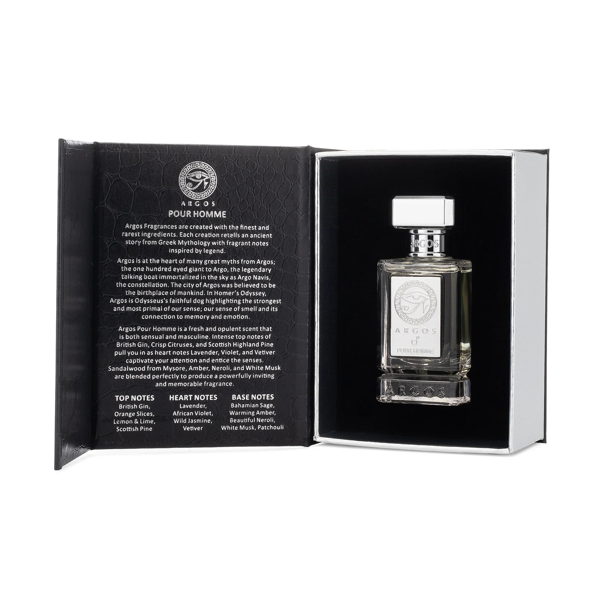 Argos Pour Homme Eau de Parfum bottle with sleek design and branding, displayed on a neutral background.