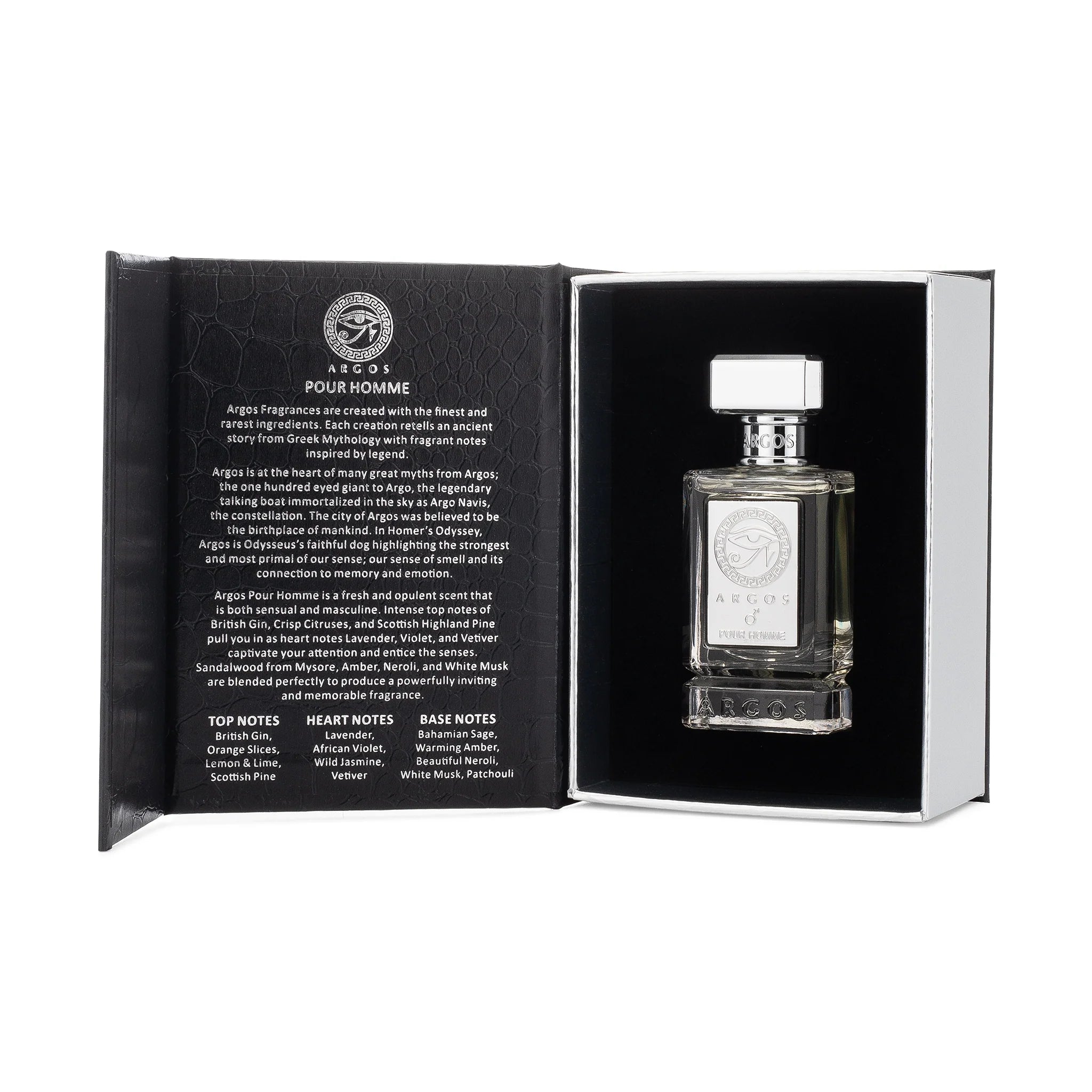 Argos Pour Homme Eau de Parfum bottle with sleek design and branding, displayed on a neutral background.