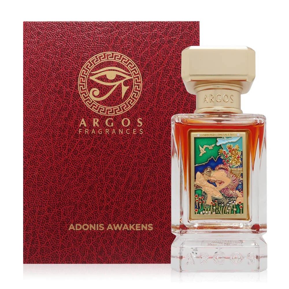 Argos Adonis Awakens Eau De Parfum bottle with elegant packaging and gold accents, showcasing the luxurious fragrance.