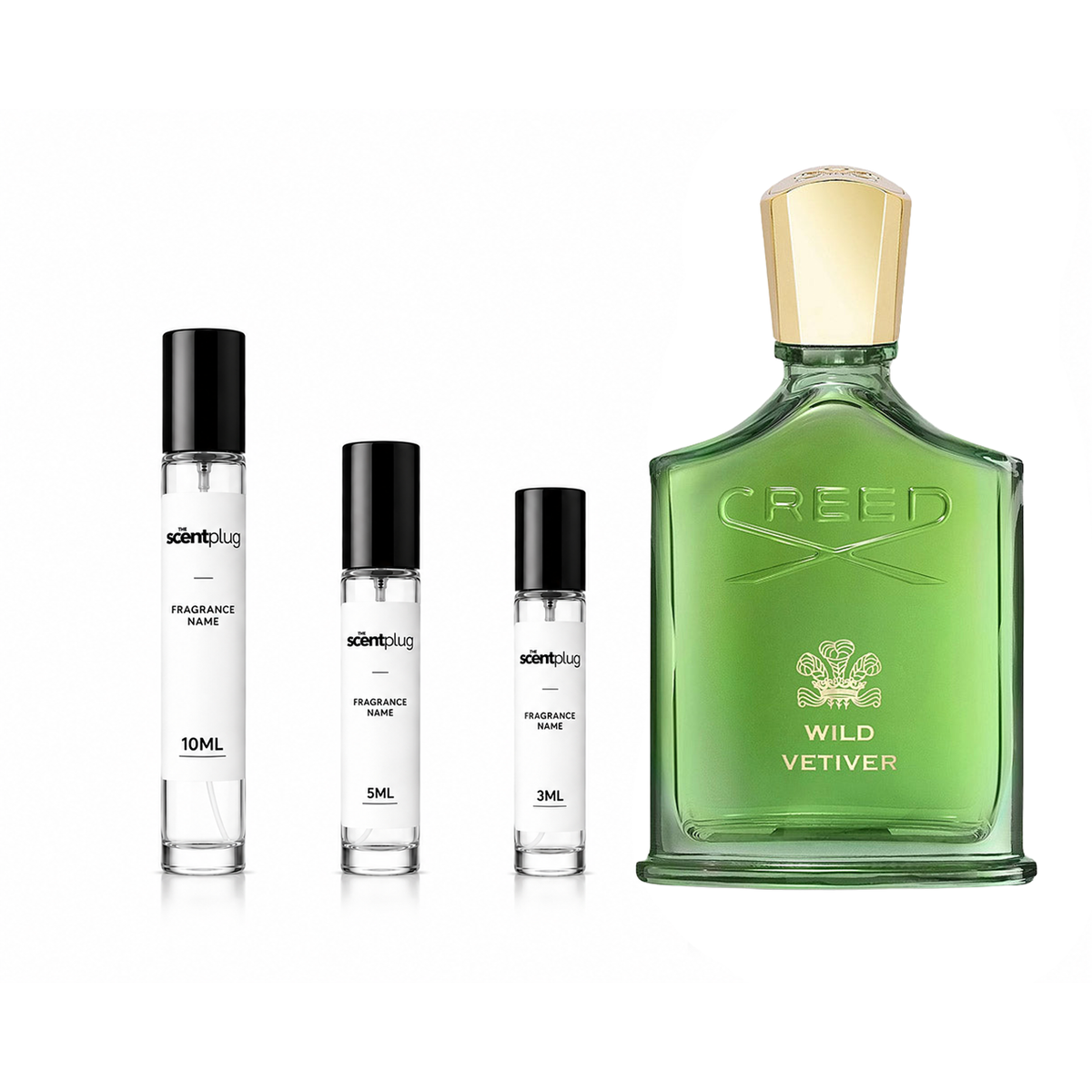Creed Wild Vetiver fragrance bottle by The Scent Plug, featuring a sleek design and green accents, ideal for men’s scent collection.