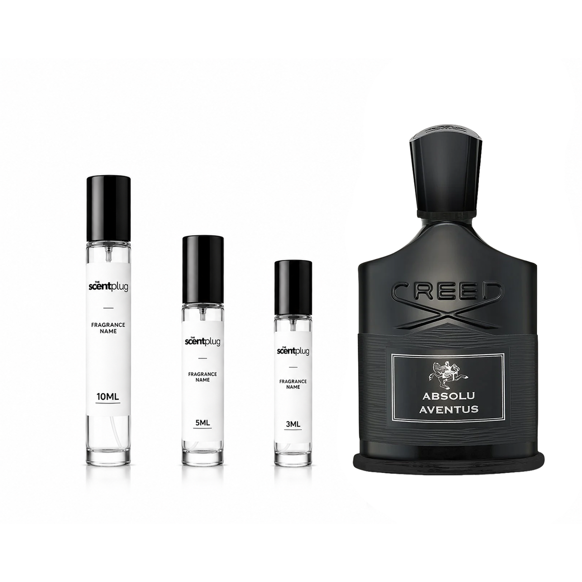 Creed Aventus Absolu Decant sample bottle with branding and clear label, showcasing the elegant fragrance packaging.