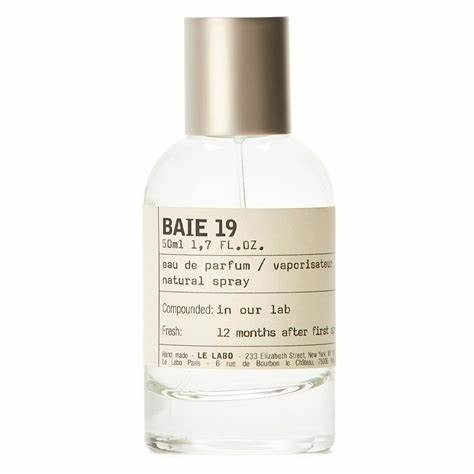 Le Labo Baie 19 Eau De Parfum bottle with minimalist design and white cap, set against a neutral background.