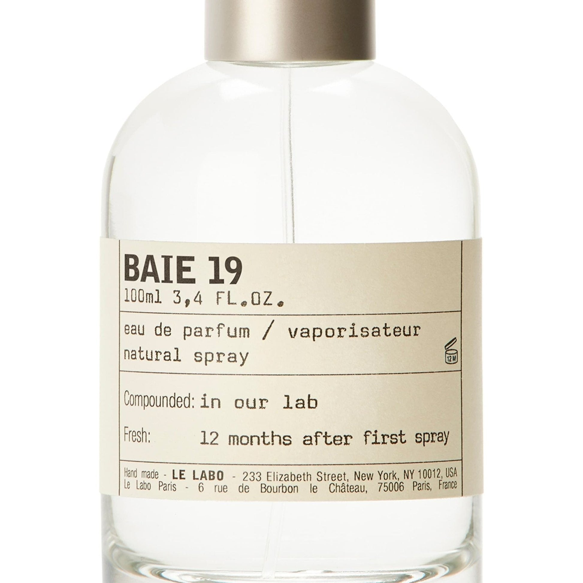 Le Labo Baie 19 Eau De Parfum bottle with minimalist design and fragrance label visible.