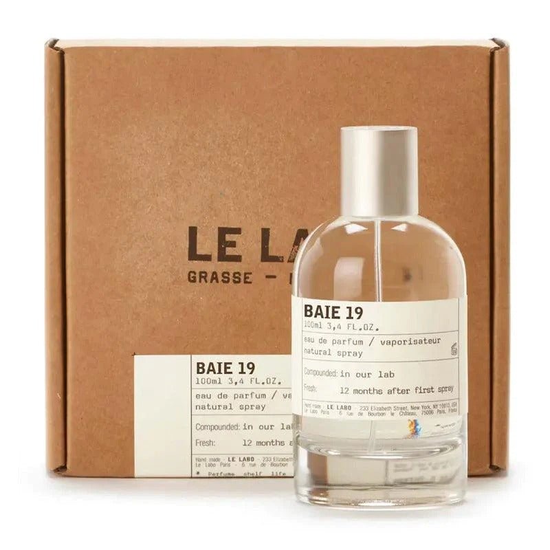 Le Labo Baie 19 Eau De Parfum bottle with minimalist design and fragrance label, displayed on a neutral background.