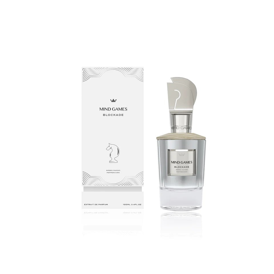 Mind Games Fragrance Blockade extrait de parfum bottle with sleek black design and minimalist label on a white background.