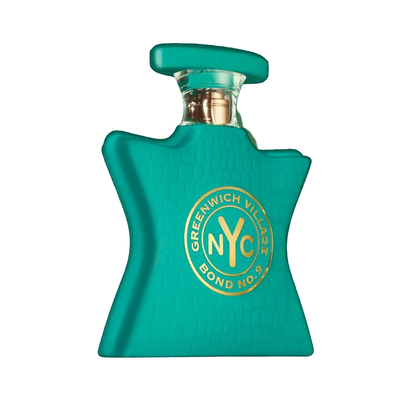 Bond No. 9 Greenwich Village Eau De Parfum spray bottle, 3.4 oz, featuring a sleek glass design and elegant fragrance label.