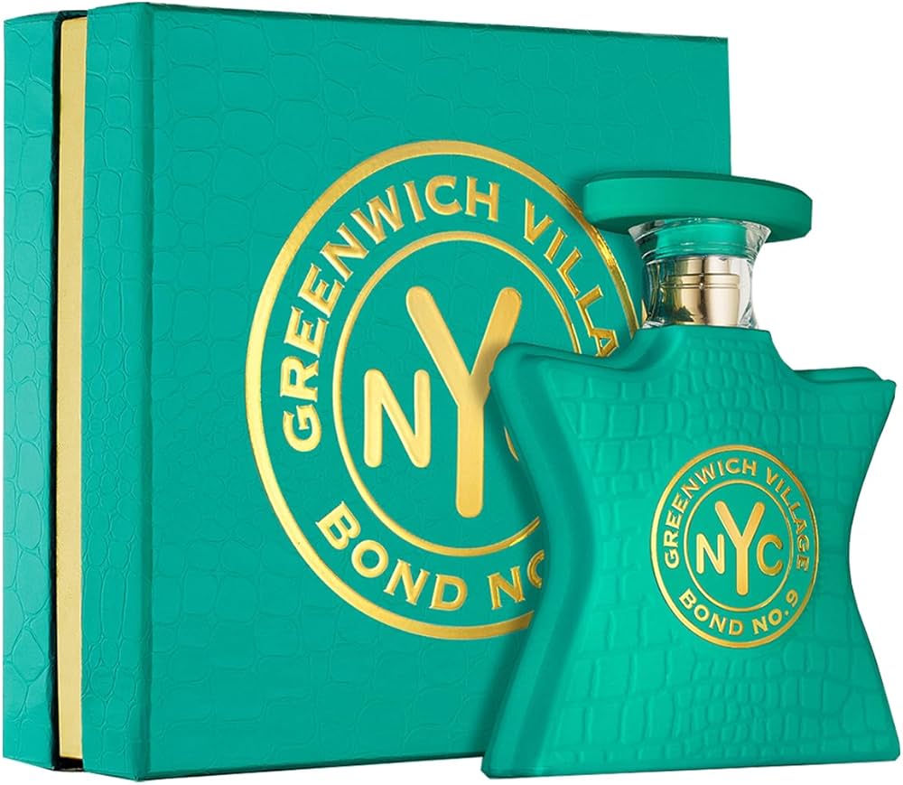 Bond No. 9 Greenwich Village Eau De Parfum 3.4 oz spray bottle, elegant perfume bottle with floral accents.