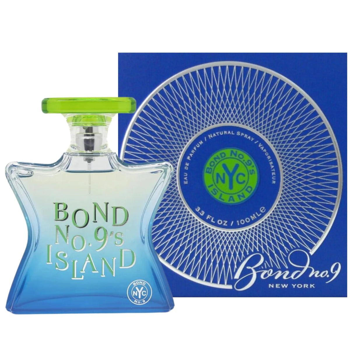Bond No. 9 Island Eau de Parfum spray bottle, 3.4 oz (100ml), with sleek packaging and elegant design.