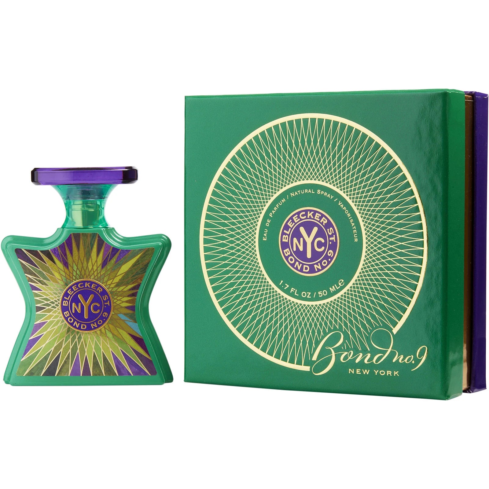 Bottle of Bond No. 9 Bleecker Street Eau de Parfum with sleek black and gold design, displayed on a neutral background.