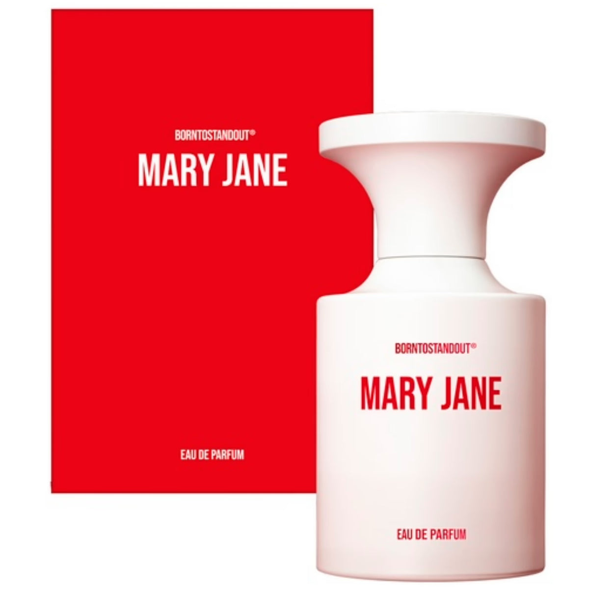 BORNTOSTANDOUT Mary Jane Eau de Parfum spray in 1.7 oz (50ml) bottle, featuring elegant floral and musky fragrance details.