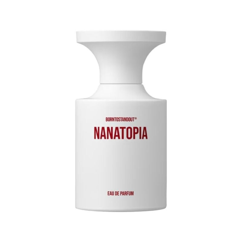 BORNTOSTANDOUT Nanatopia Eau De Parfum spray bottle, 3.4 oz (100ml), with elegant packaging and fragrance details visible.