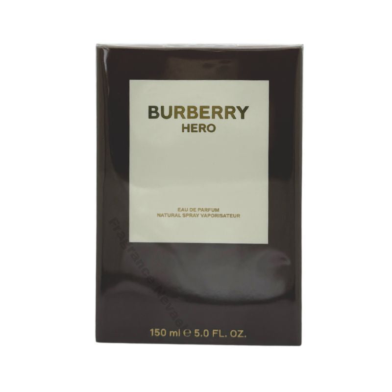 Burberry Hero Eau de Parfum spray bottle, 5 oz (150ml), elegant glass container with Burberry branding and a sleek design.