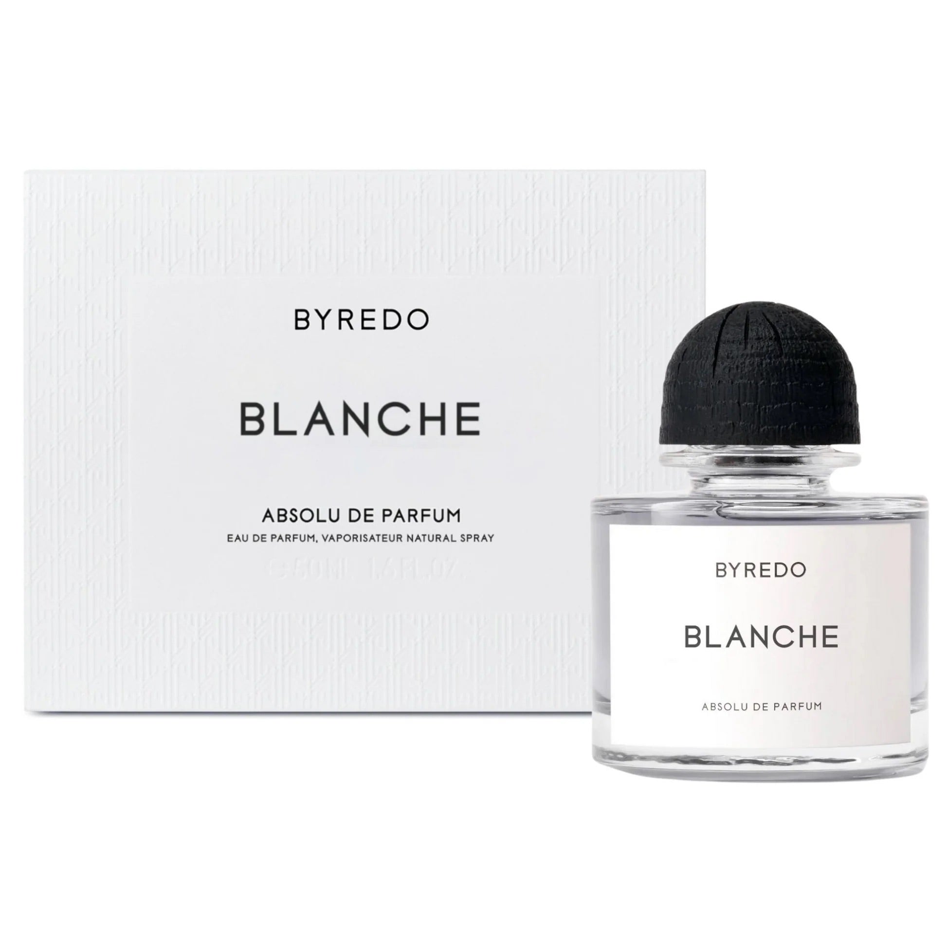 Byredo Blanche Absolu de Parfum spray bottle, 3.4 oz, showcasing the elegant glass design and minimalist branding.
