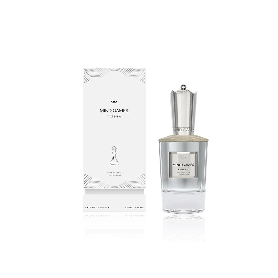 Close-up of Mind Games Caissa Extrait de Parfum bottle from Mind Games Fragrance with elegant packaging design.