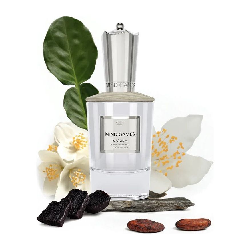 Mind Games Caissa Extrait de Parfum bottle with elegant label and cap, showcasing luxurious fragrance packaging.