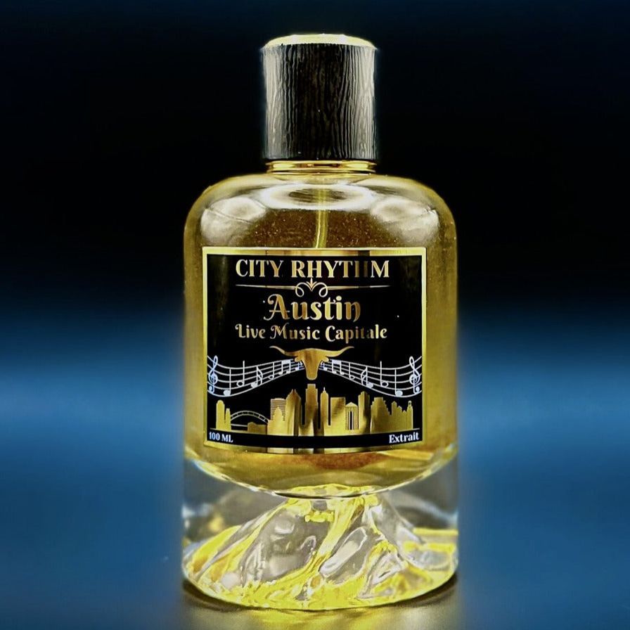 City Rhythm Austin Extrait de Parfum spray in a 3.4 oz bottle, showcasing elegant packaging and perfume bottle design.