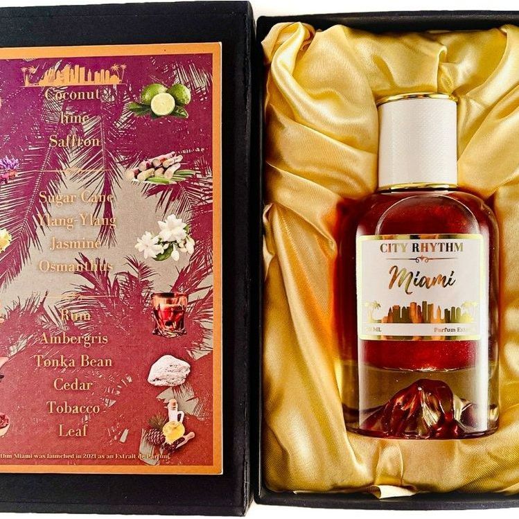 City Rhythm Miami Extrait de Parfum spray, 3.4 oz (100ml), elegant perfume bottle with city skyline design.