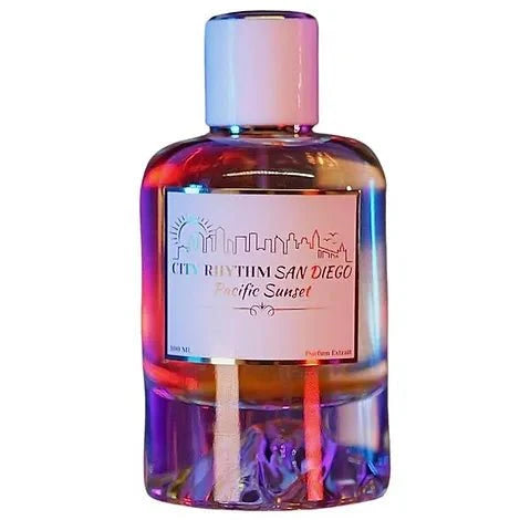 City Rhythm San Diego extrait de parfum spray, 3.4 oz, featuring a sleek bottle with a modern design and elegant branding.