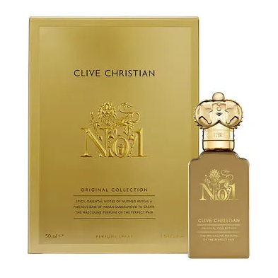 Clive Christian No. 1 Masculine parfum spray bottle, 50ml, elegant design, luxurious fragrance for men.