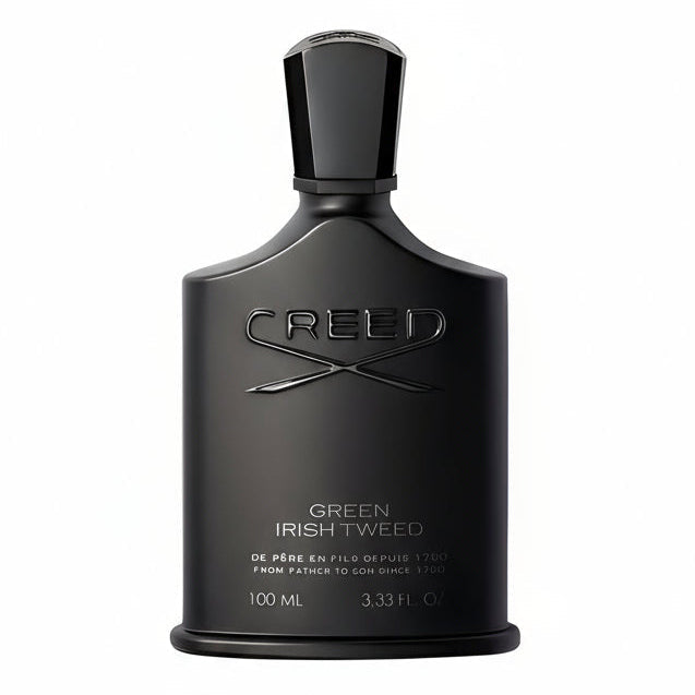 Creed Green Irish Tweed Eau de Parfum spray bottle, 3.4 oz, with green and gold packaging, luxurious men's fragrance.