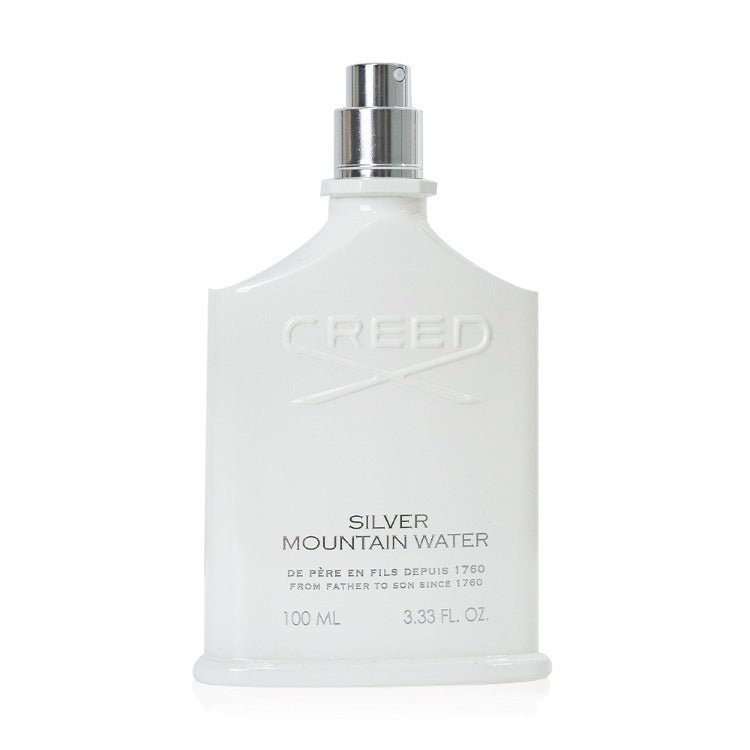 Creed Silver Mountain Water Eau de Parfum tester bottle, 3.4 oz (100ml), spray bottle with silver cap and label, showcasing elegant packaging.