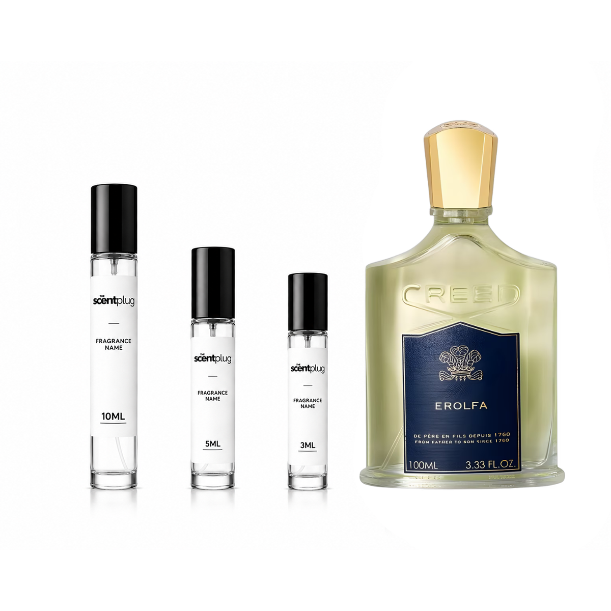 Creed Erolfa decant sample from The Scent Plug, showcasing the fragrance bottle and sample packaging.