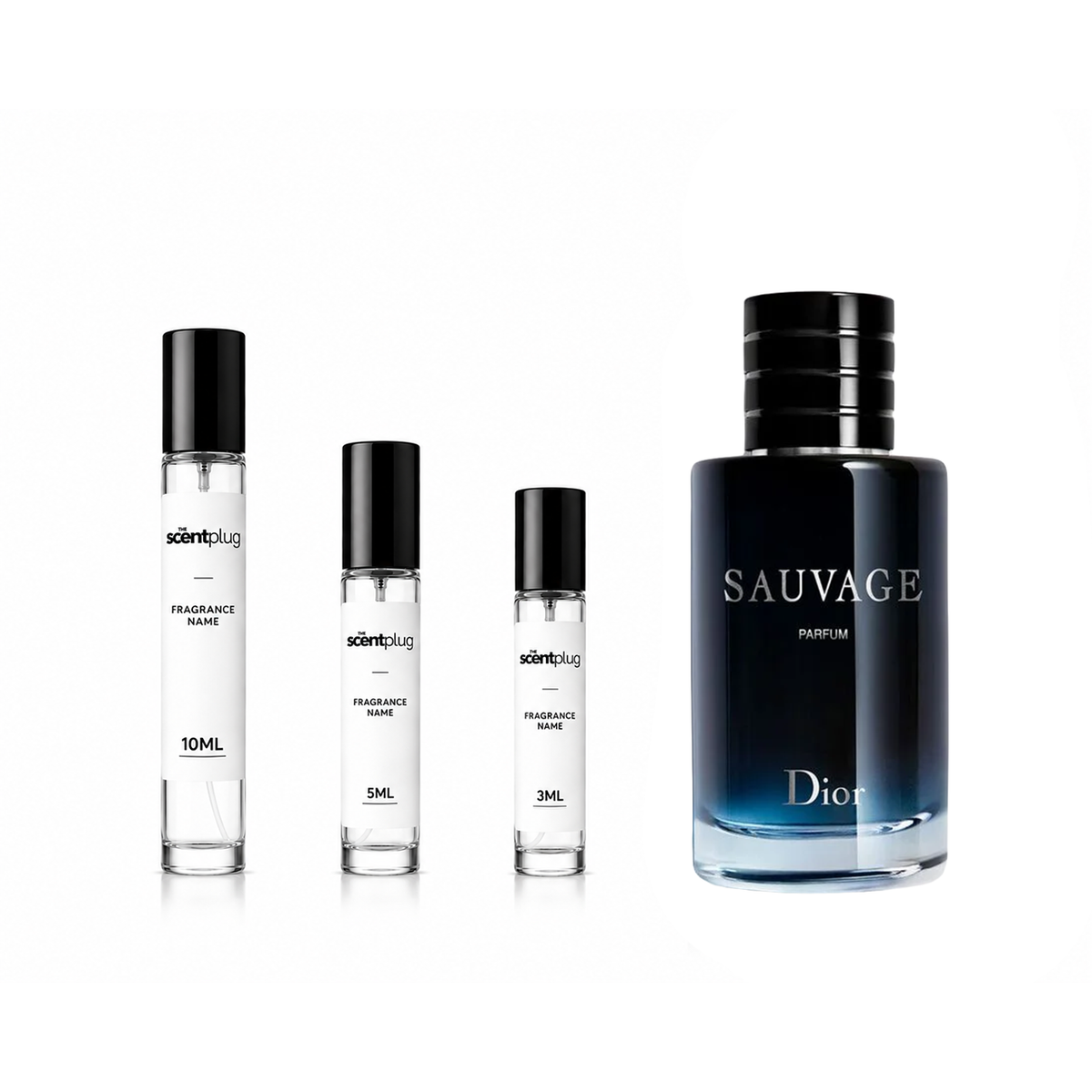Dior Sauvage Parfum sample bottle, showcasing the elegant packaging of Dior's signature men's fragrance.