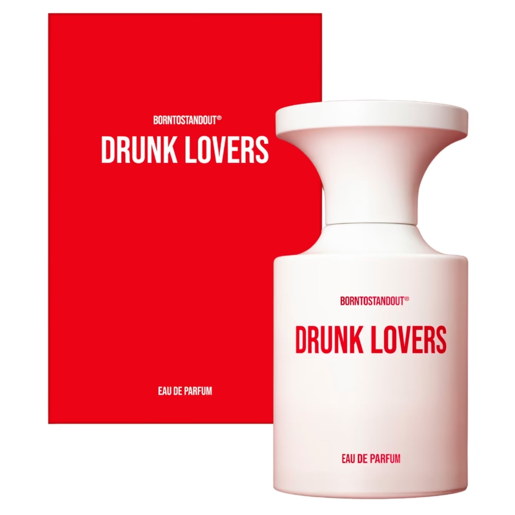 BORNTOSTANDOUT Drunk Lovers Eau De Parfum bottle with a sleek design and dark, moody label on a neutral background.