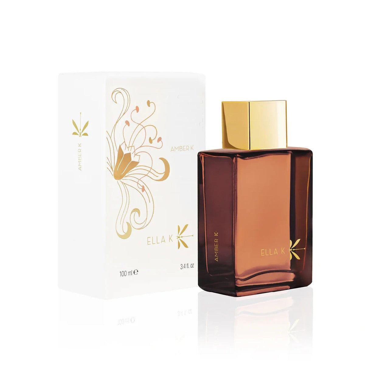 Ella K Amber K Eau de Parfum spray in 3.4 oz (100ml) with a sleek bottle and warm amber fragrance.
